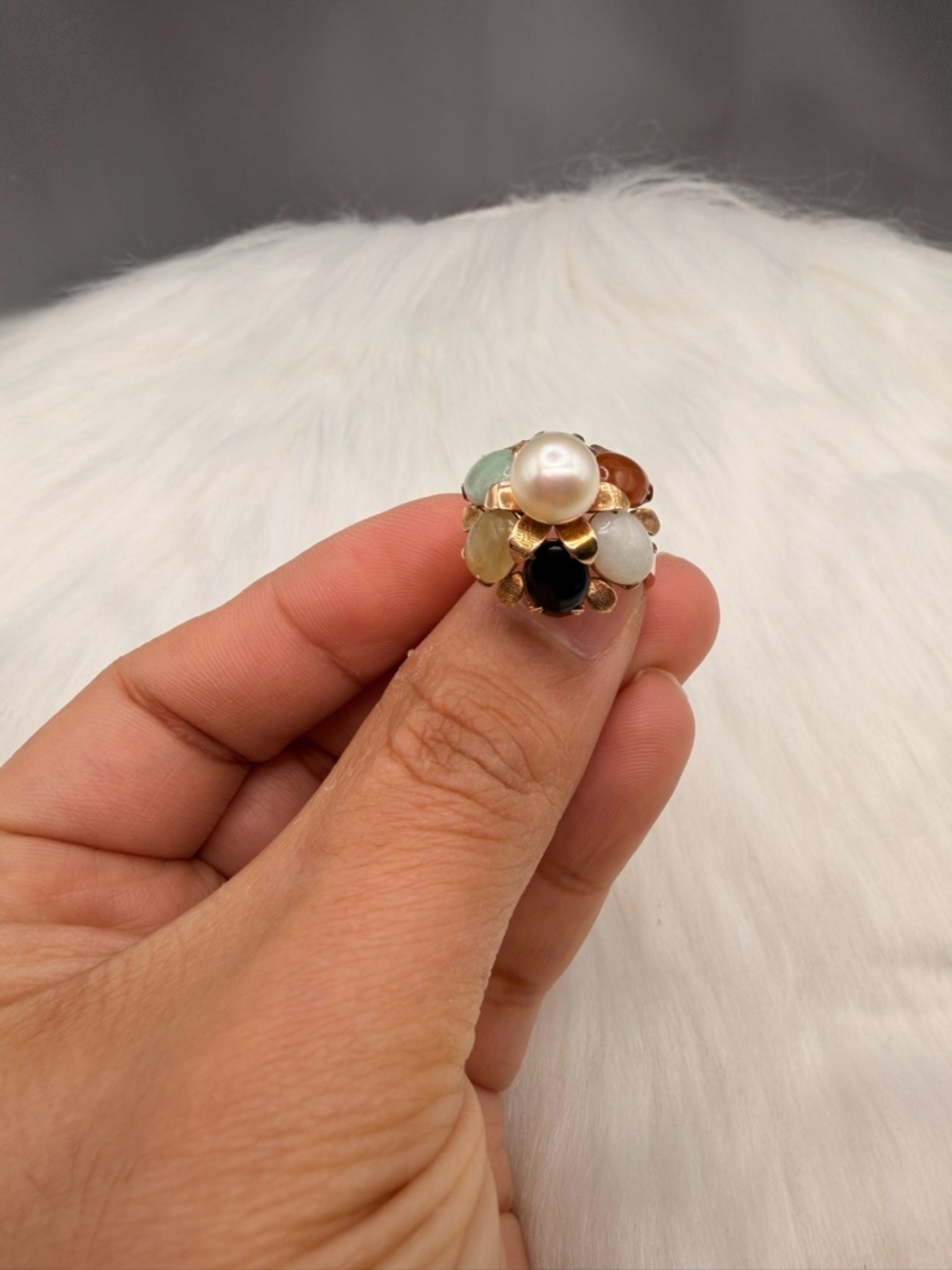 10k Rose Gold Vintage Culture Pearl & Jade Ring Size 6.25